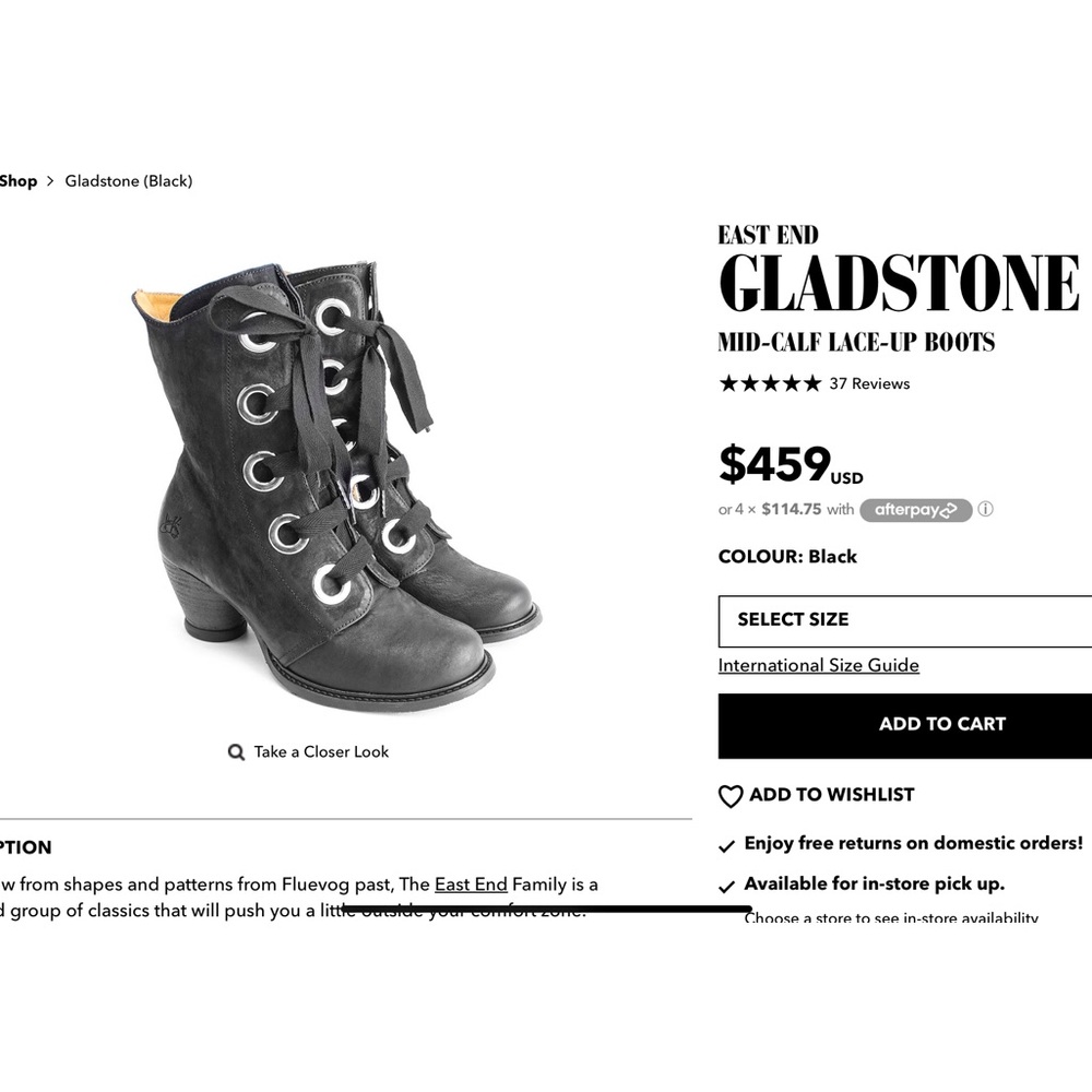 Fluevog Gladstone woman’s 8 black leather boots in the east end family